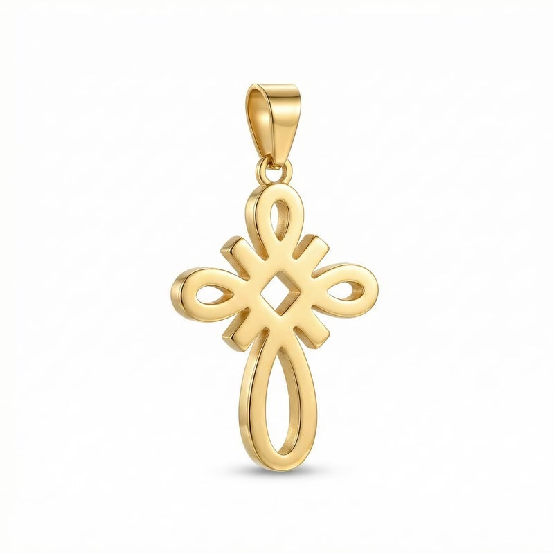 A large gold-tone cross pendant (chain not included), crafted from rust-resistant stainless steel, featuring a sleek, openwork knot design. A distinctive, modern, and spiritual piece. - Image 1
